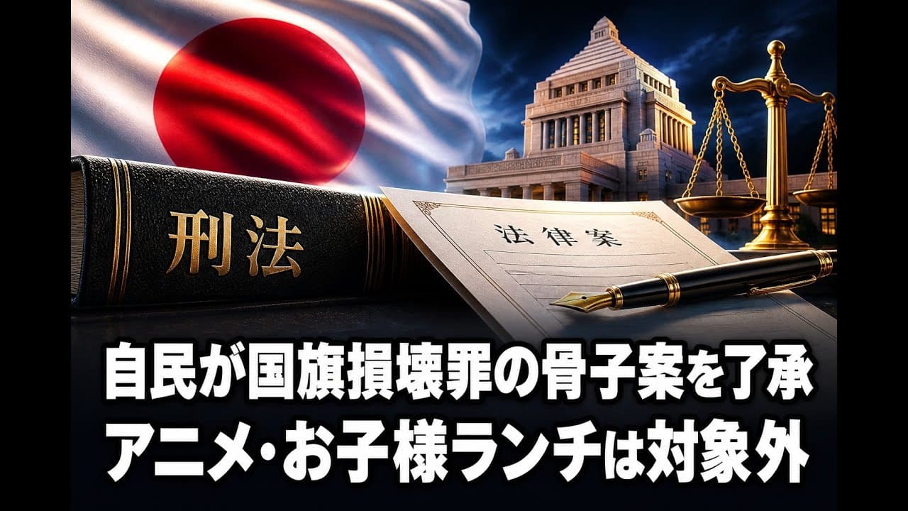政治ニュース: 自民が国旗損壊罪の骨子案を了承 アニメ・お子様ランチは対象外