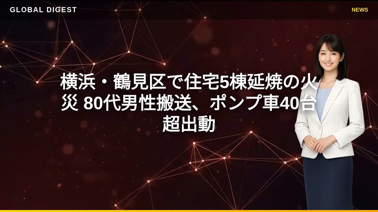 災害ニュース: 横浜・鶴見区で住宅5棟延焼の火災 80代男性搬送、ポンプ車40台超出動